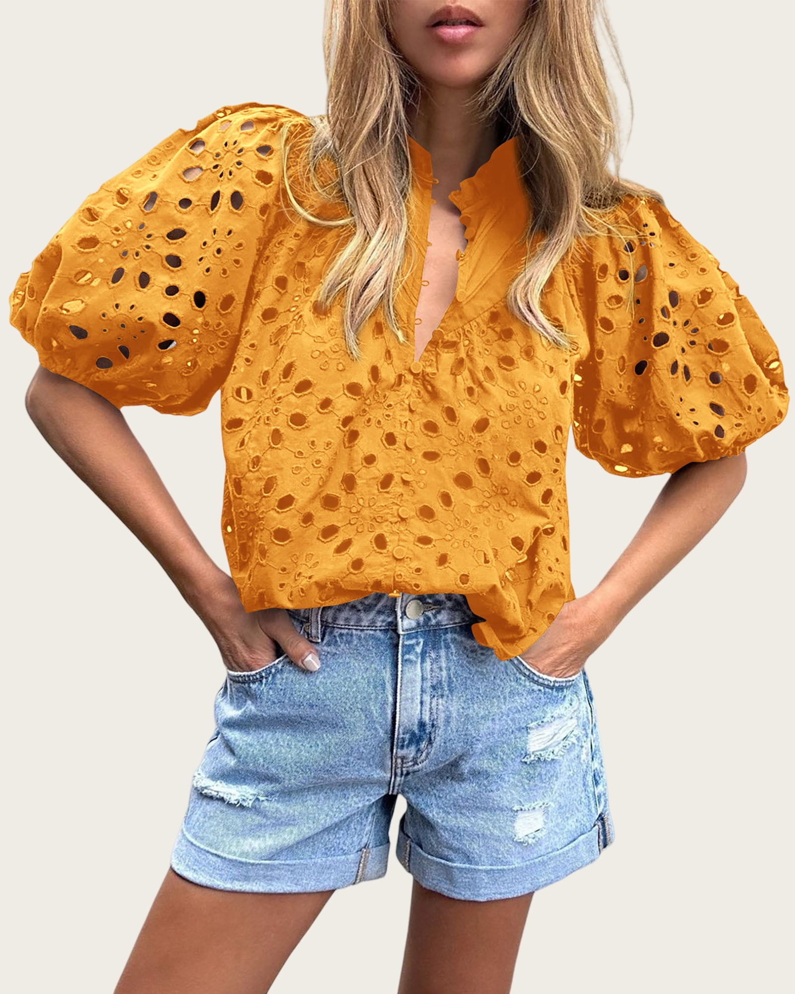 Short Lantern Sleeve Button Hollow Lace Embroidery Shirt