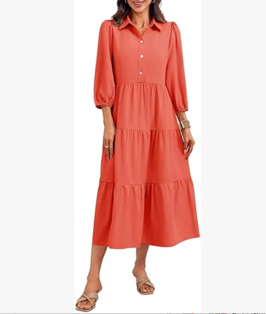 Casual V-neck three-quarter sleeve button dress