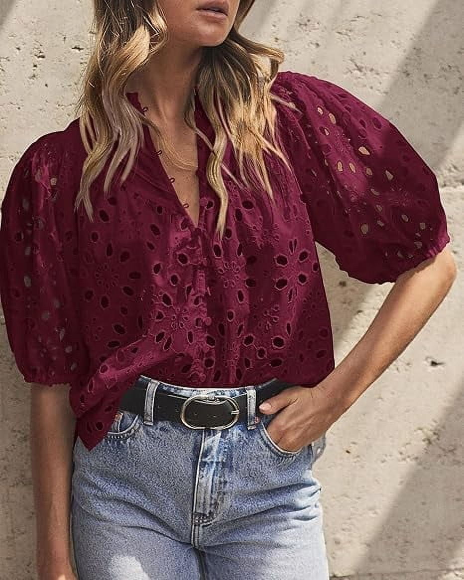 Short Lantern Sleeve Button Hollow Lace Embroidery Shirt