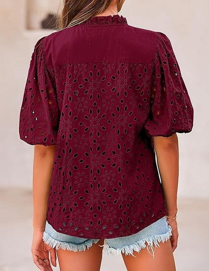 Short Lantern Sleeve Button Hollow Lace Embroidery Shirt