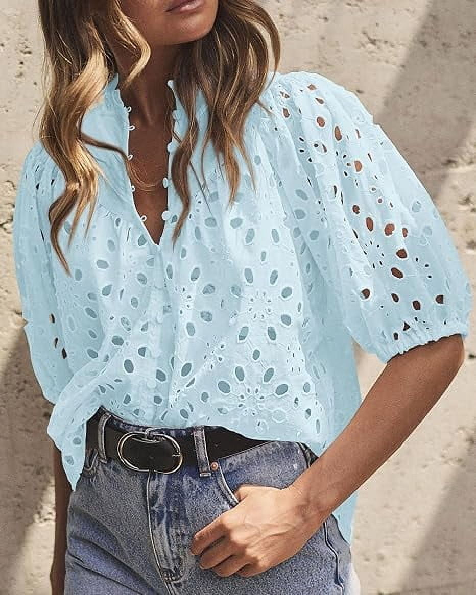 Short Lantern Sleeve Button Hollow Lace Embroidery Shirt