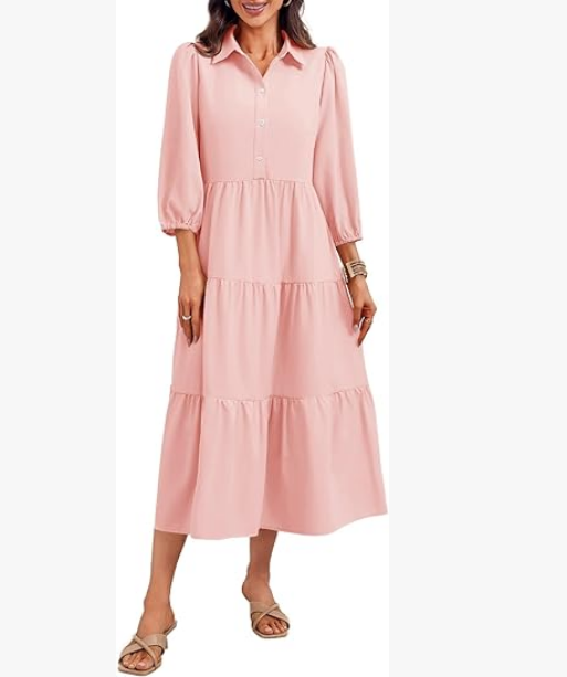 Casual V-neck three-quarter sleeve button dress