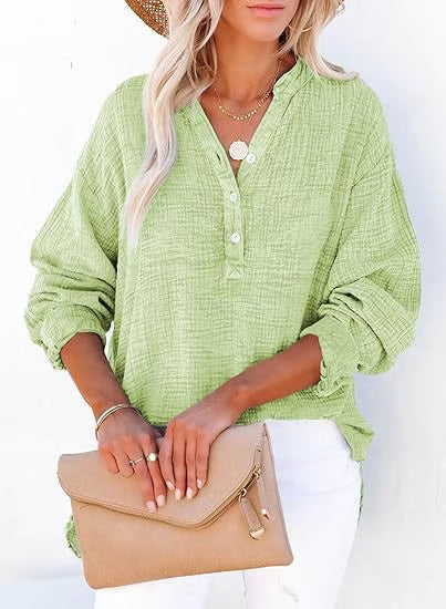 Womens Casual Button V Neck Long Sleeve Shirts Oversized Solid Blouses Tops