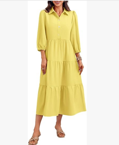 Casual V-neck three-quarter sleeve button dress