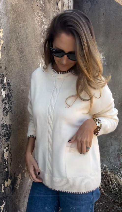 CLEARANCE SALE🔥2025 Round Neck Loose Knitted Contrast Pocket Sweater