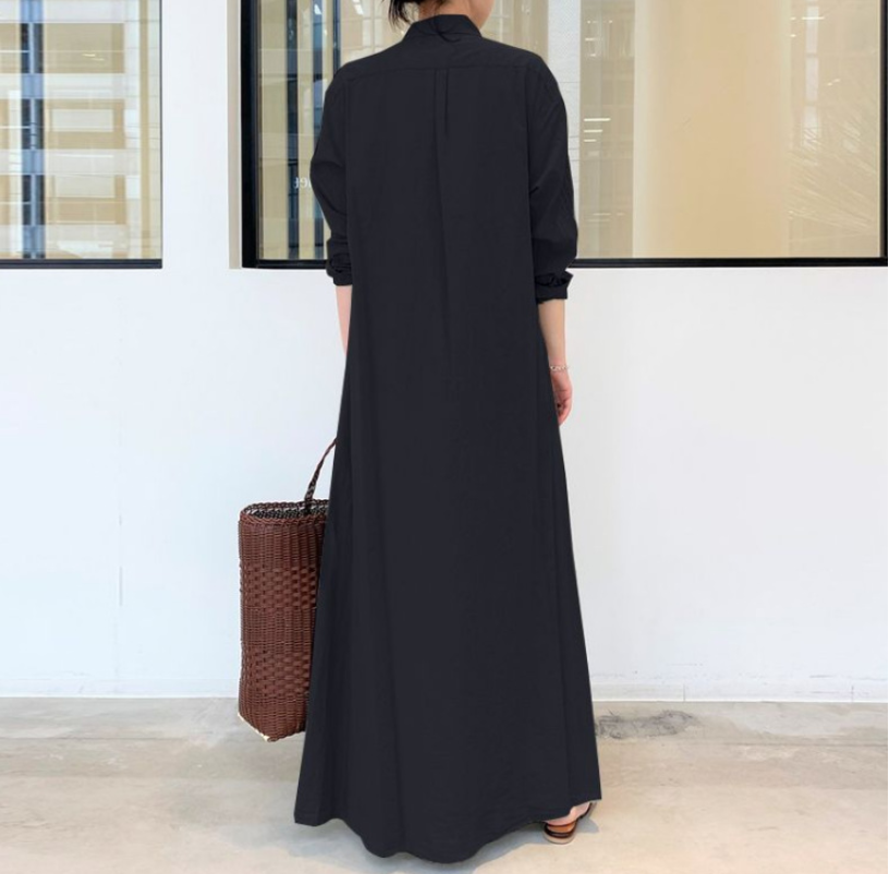 Solid Color Cotton Linen Lapel Simple Dress