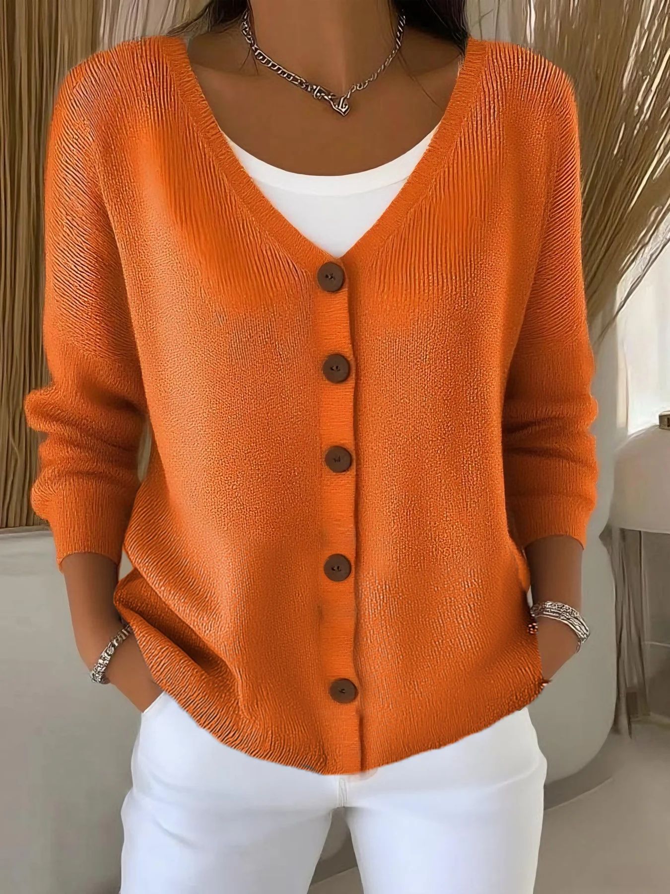 Women's Solid Color Loose Knitted Button Cardigan Sweater