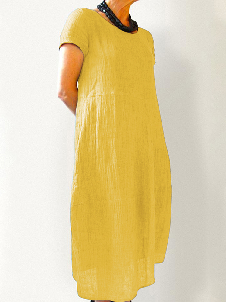Women Short Sleeve Round Neck Solid Color Long Dress 