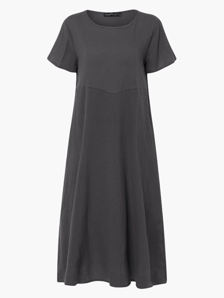 Women Short Sleeve Round Neck Solid Color Long Dress 