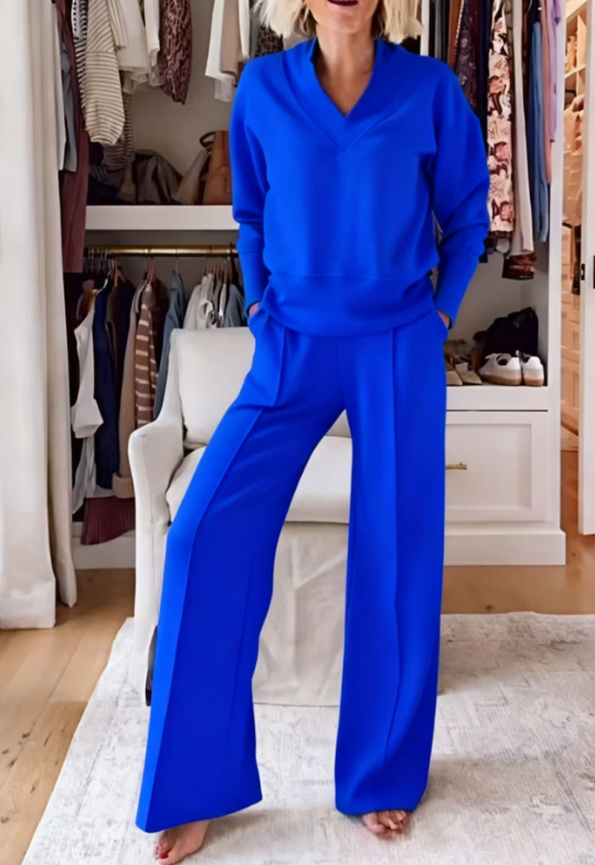 2025 Casual V-neck loose wide-leg pants two-piece suit