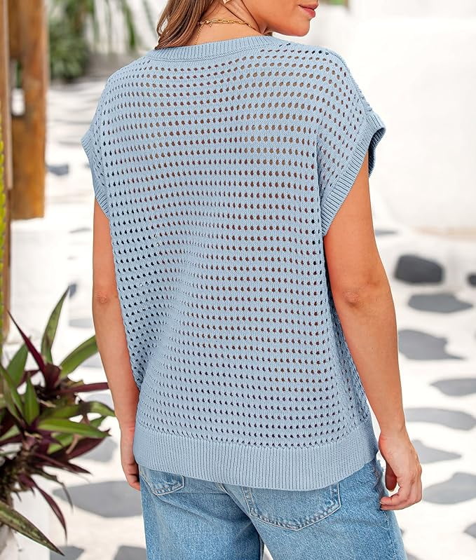 Women's Crochet Sweater Pullover Cute Crew Neck Beach Cover-up