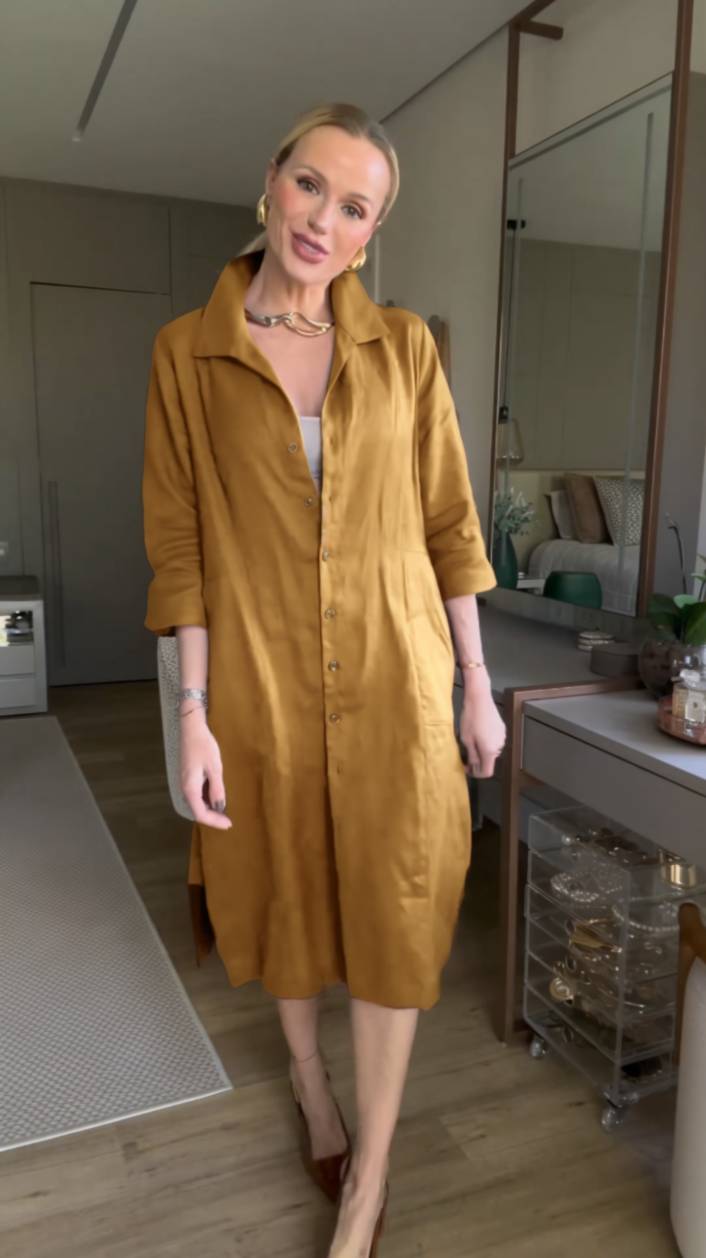 Women's  Cotton Linen Buttoned Three-Quarter Sleeve Dress