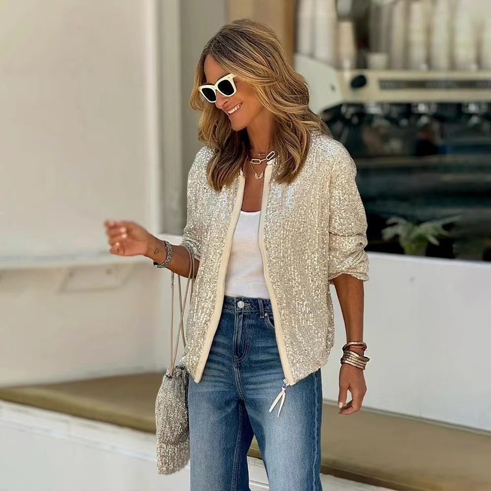 Sequined cropped zip-up jacket