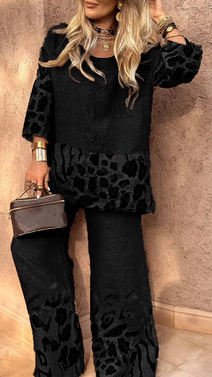 Women's Round Neck Leopard Print Cotton and Linen Casual Suit