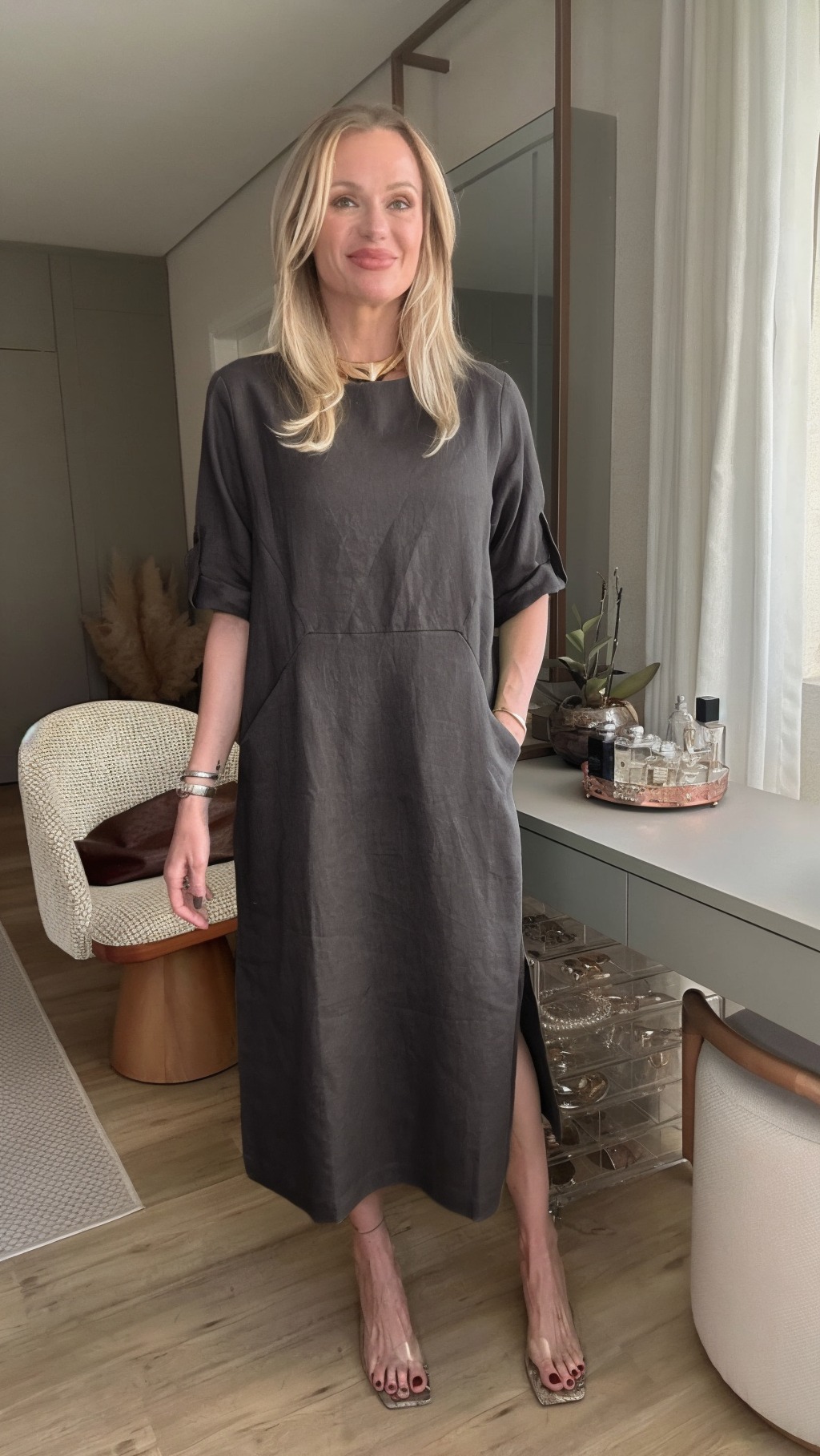 Women's Cotton linen casual dress with pocket