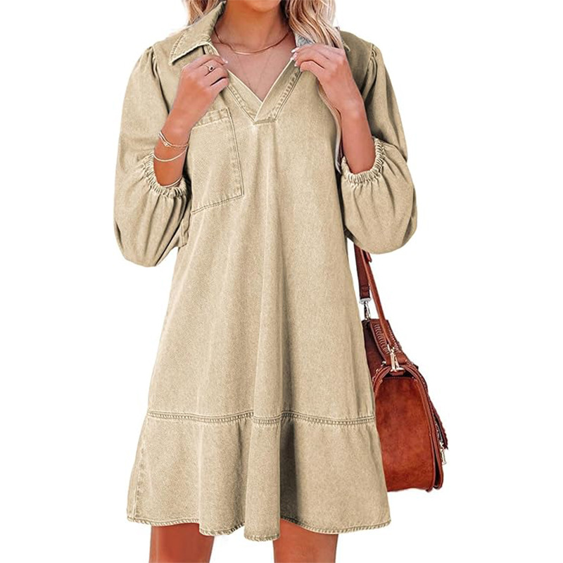 Casual V-Neck Three-Quarter Puffed Sleeve Denim Dress