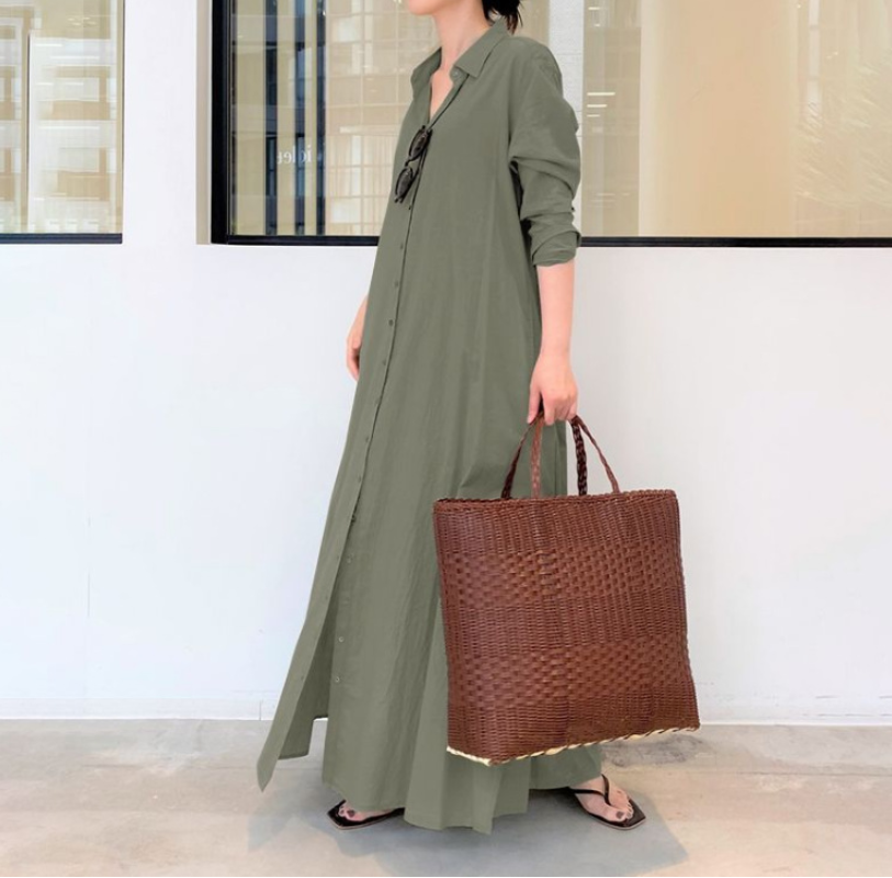 Solid Color Cotton Linen Lapel Simple Dress