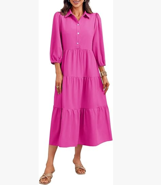 Casual V-neck three-quarter sleeve button dress