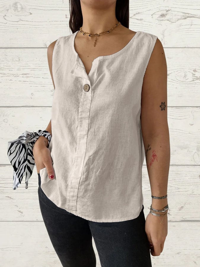 Women's Casual Cotton and Linen Solid Color Button Loose Top