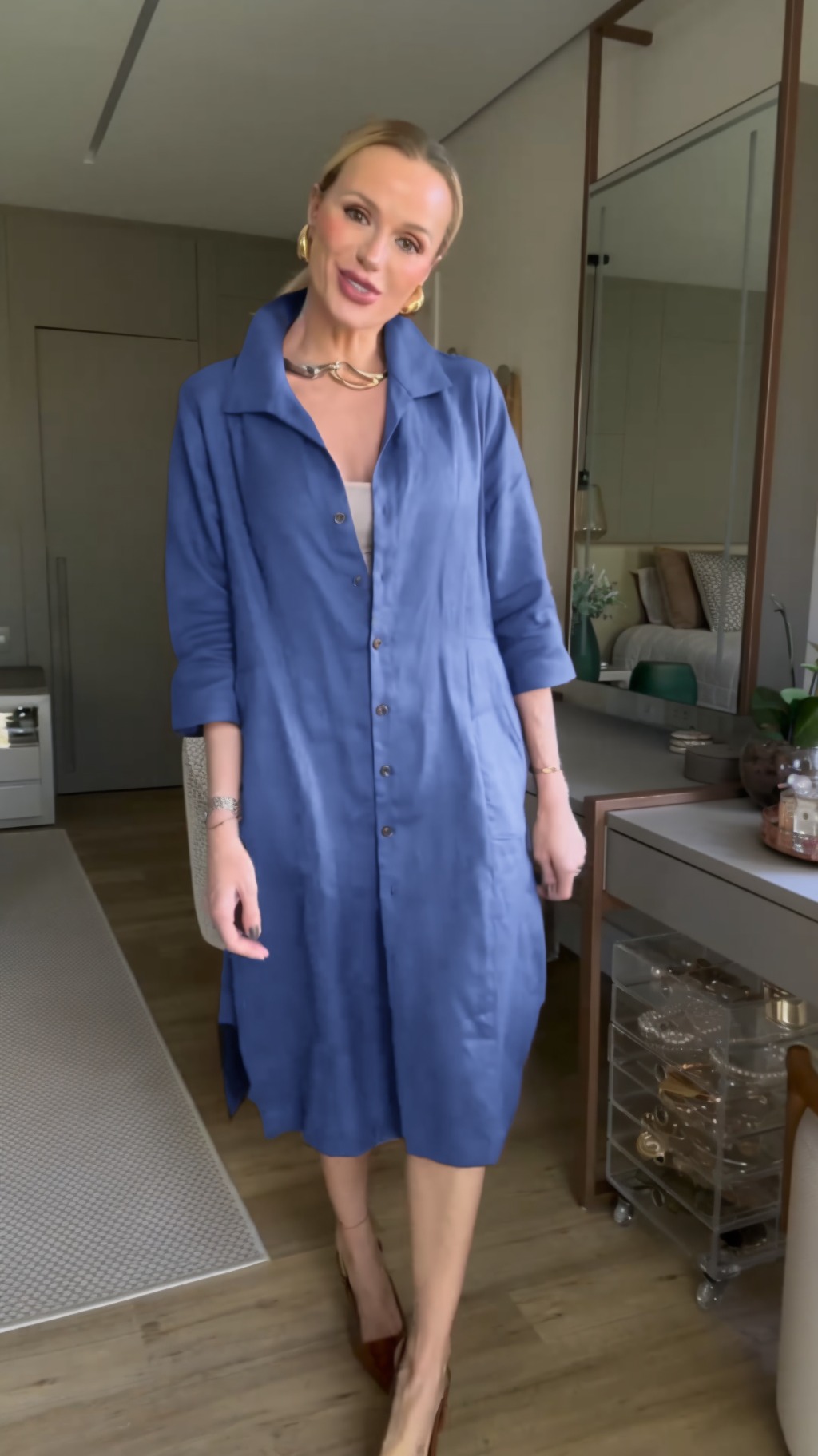 Women's  Cotton Linen Buttoned Three-Quarter Sleeve Dress