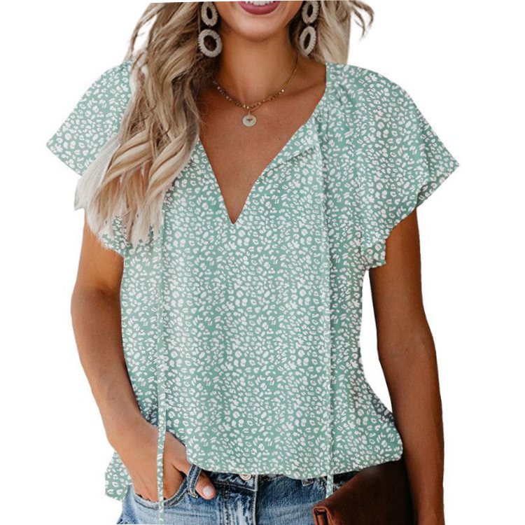 2026 Casual V-neck floral print loose-fitting simple short-sleeved top