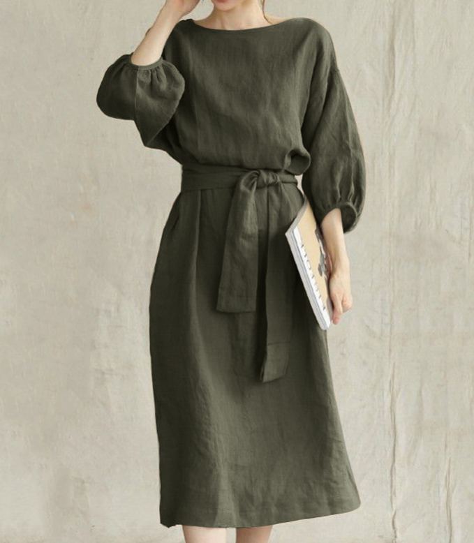 2026 Mid-length Tie-waist Solid Color Round Neck Dress