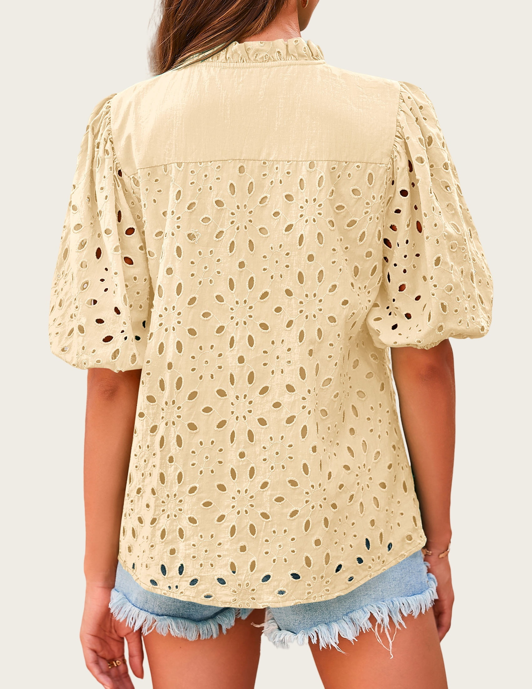 Short Lantern Sleeve Button Hollow Lace Embroidery Shirt
