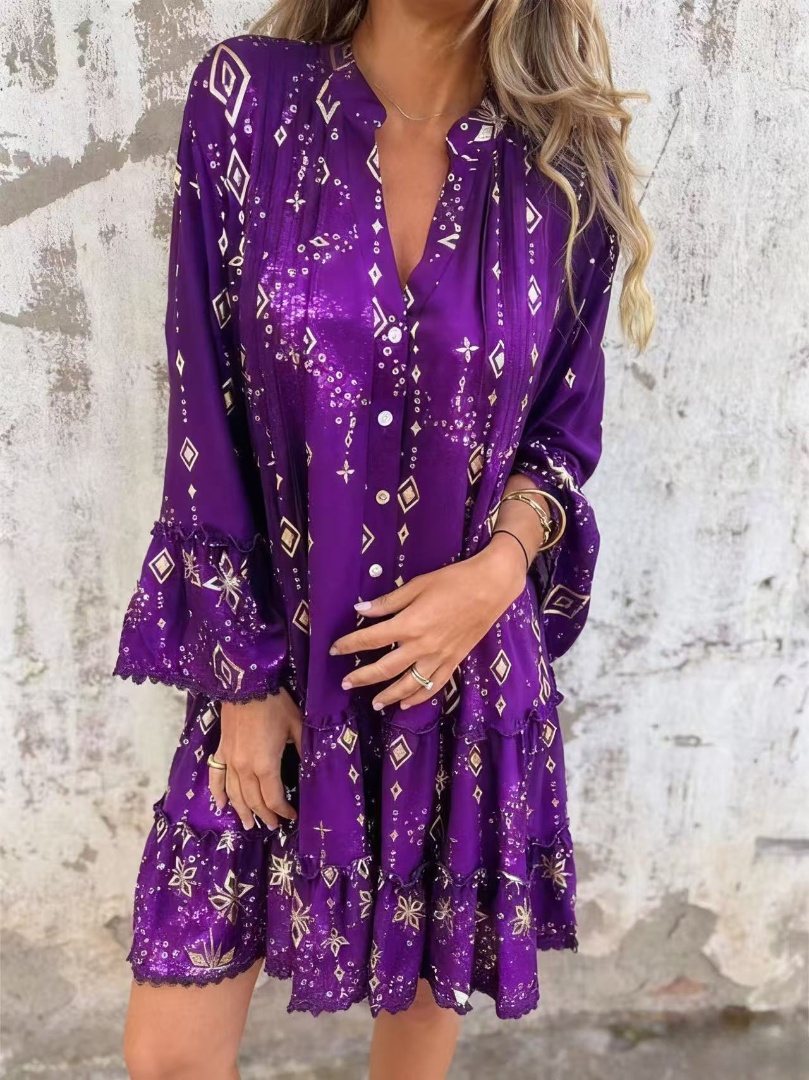 Limited Time Discount 🔥New Hot Stamping Lace Trumpet Sleeve Hollow Dress
