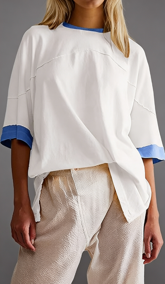 2026 Loose-fitting casual ribbed fabric patchwork pure cotton T-shirt