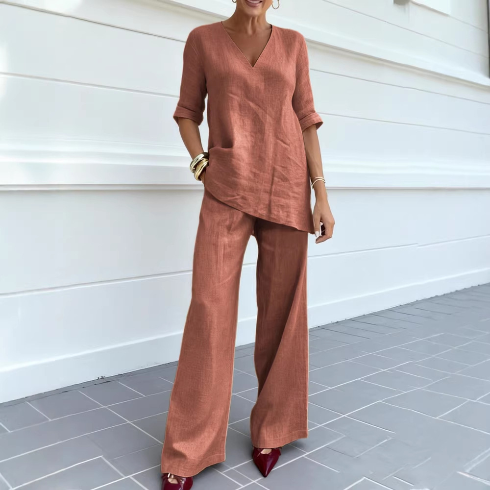 2026 Casual V-neck Solid Color Cotton Linen Wide-Leg Pants Two-Piece Set