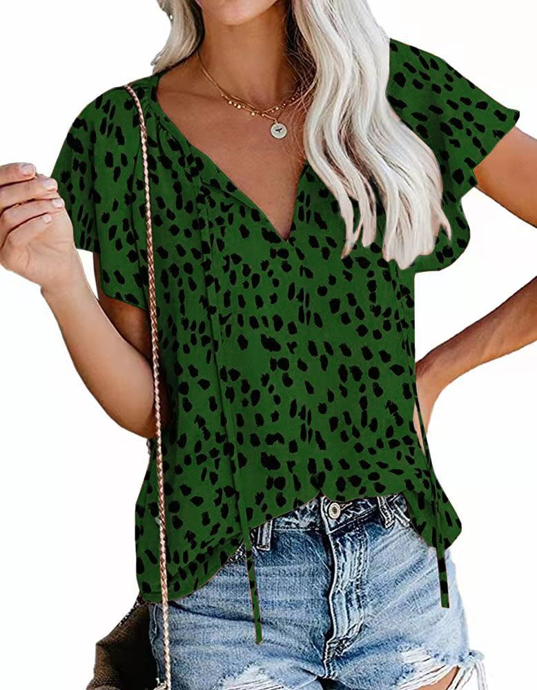 2026 Casual V-neck floral print loose-fitting simple short-sleeved top