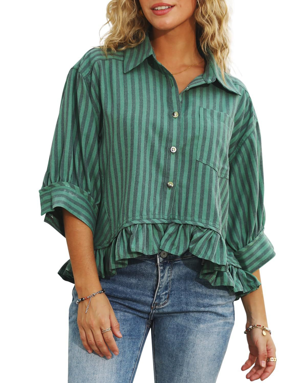 2026 Loose-fitting striped lace hem five-quarter sleeve shirt