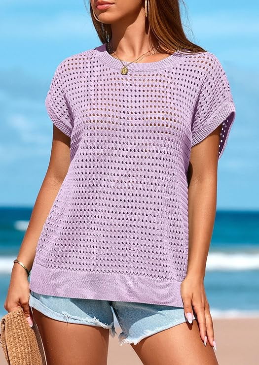 Women's Crochet Sweater Pullover Cute Crew Neck Beach Cover-up