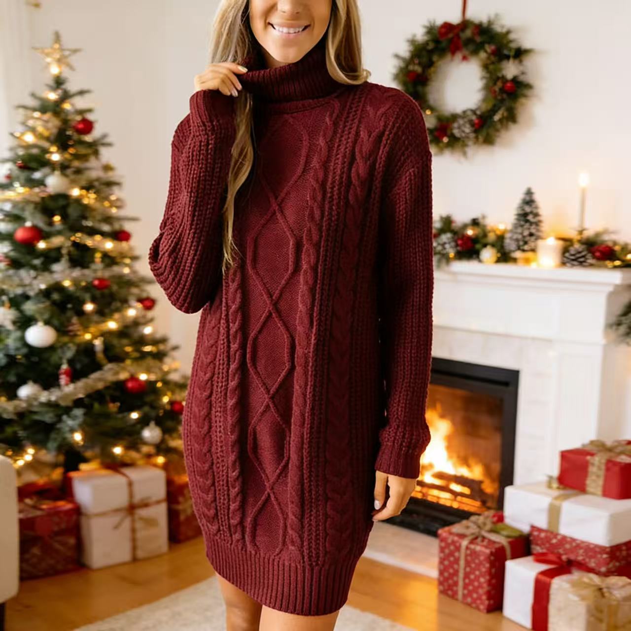 🎁High-neck long cable knit pullover dress