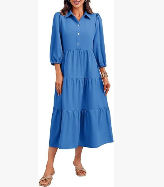 Casual V-neck three-quarter sleeve button dress