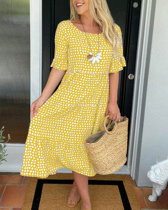 Round Neck Polka Dot Print Midi Dress