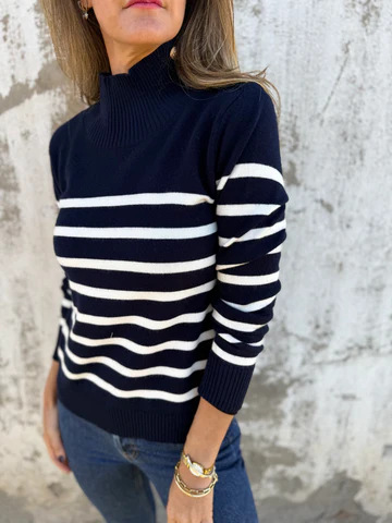 2025 New🔥Casual Loose Striped High Neck Button Women's Knitted Sweater Top