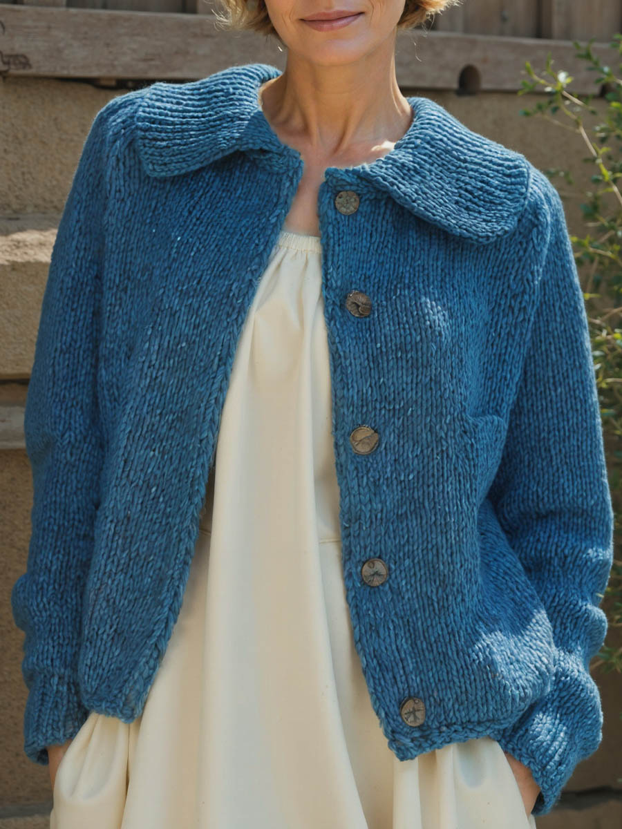 Women's Solid Color Peter Pan Collar Long Sleeve Casual Loose Cardigan Sweater