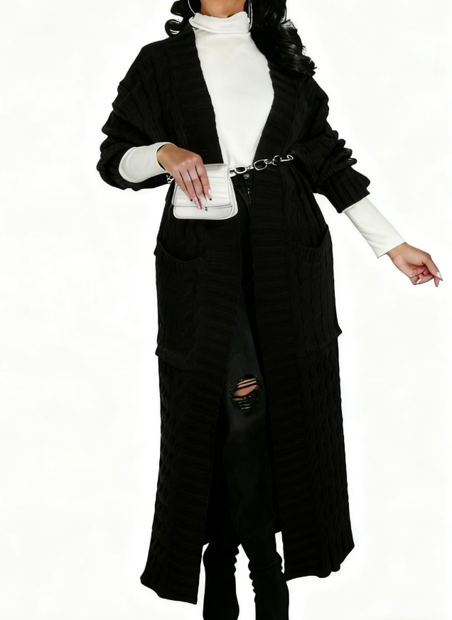 2025 Women's Solid Color Drop Shoulder Pocket Cable Knit Cardigan