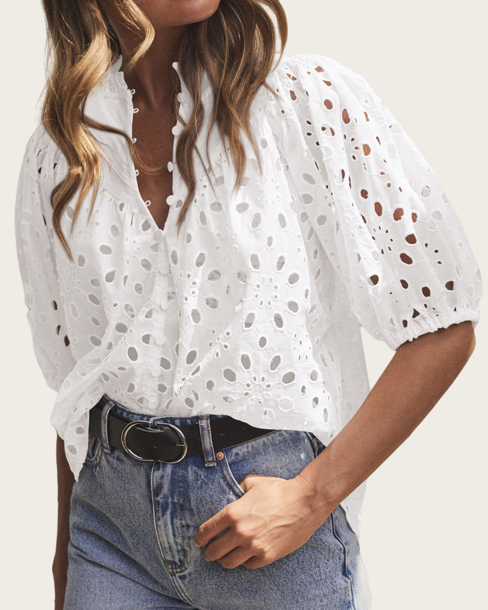 Short Lantern Sleeve Button Hollow Lace Embroidery Shirt