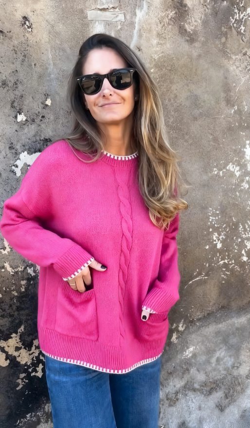 CLEARANCE SALE🔥2025 Round Neck Loose Knitted Contrast Pocket Sweater