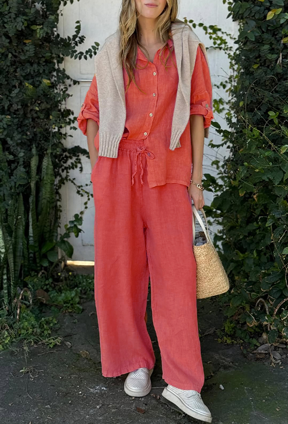 Comfortable Cotton and linen casual solid color 2-piece Set