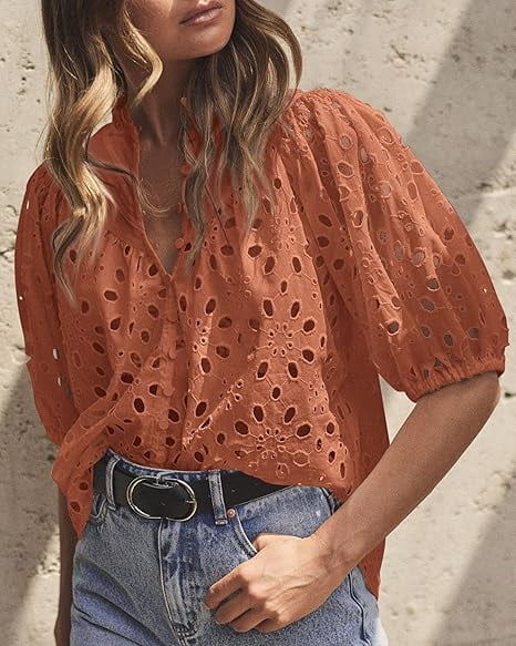 Short Lantern Sleeve Button Hollow Lace Embroidery Shirt
