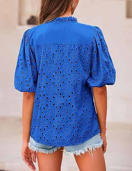 Short Lantern Sleeve Button Hollow Lace Embroidery Shirt