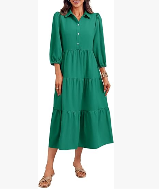 Casual V-neck three-quarter sleeve button dress