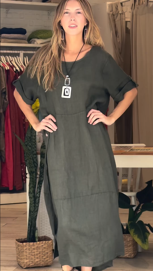 WOMEN'S COTTON LINEN CASUAL BUTTONS DRESS