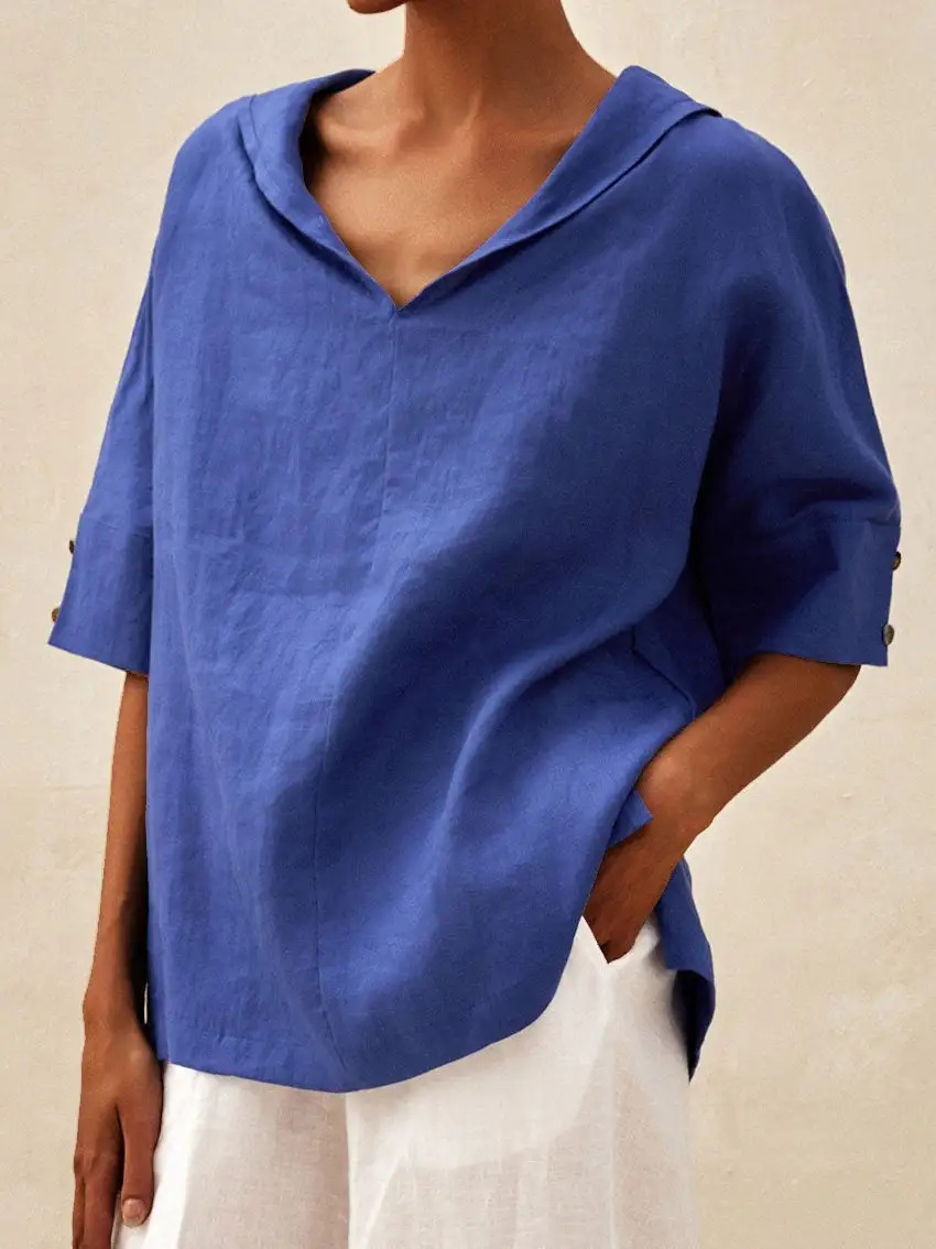 2025 New Women'S Clothing Solid Color Cotton Linen Loose Top T-Shirt