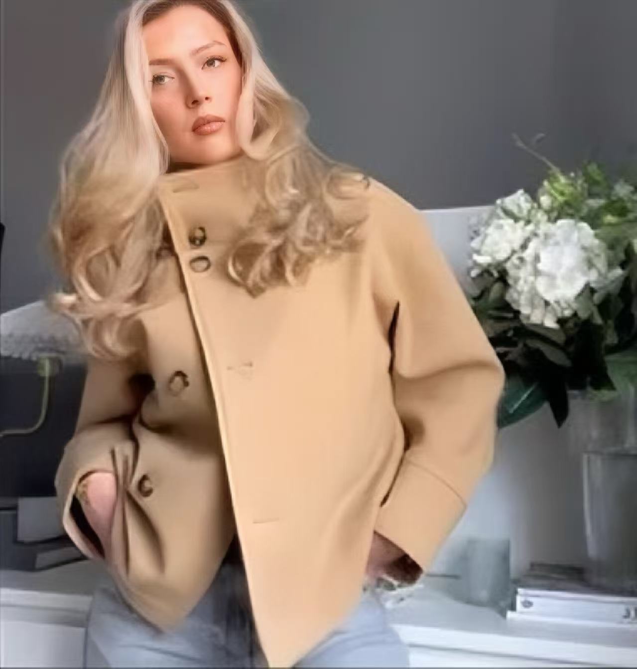 🔥2025 New stand-up collar button long-sleeved wool coat