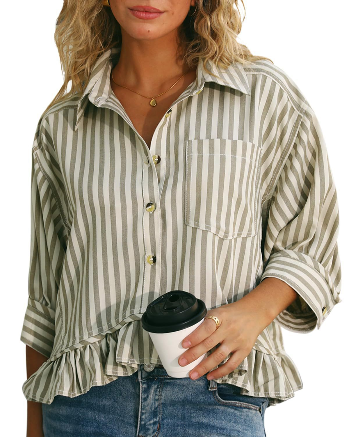 2026 Loose-fitting striped lace hem five-quarter sleeve shirt