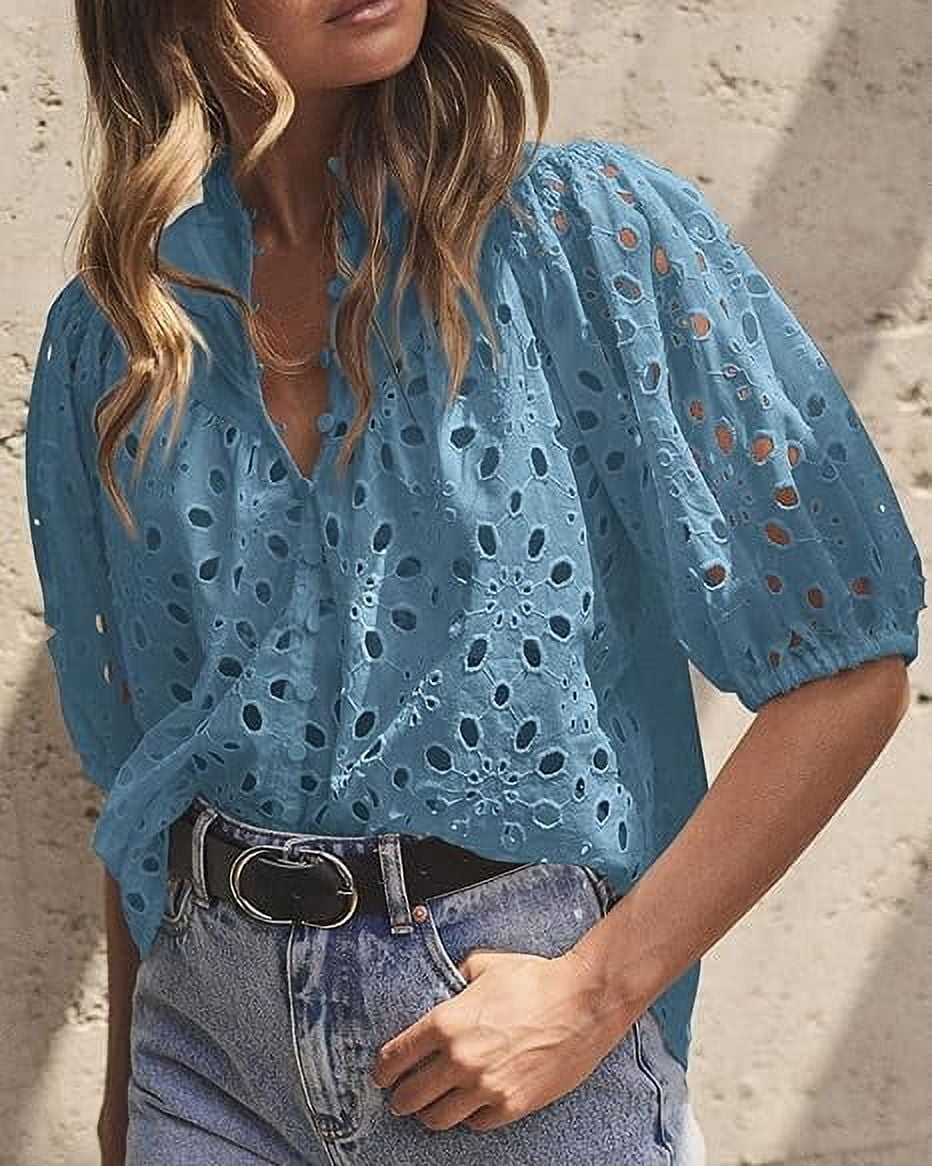 Short Lantern Sleeve Button Hollow Lace Embroidery Shirt